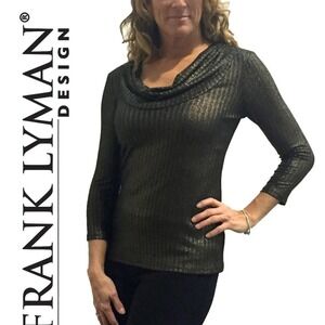 Frank Lyman Design Black Gold Metallic Cowl Neck Ribbed Top 3/4‎ Sleeve Size 4